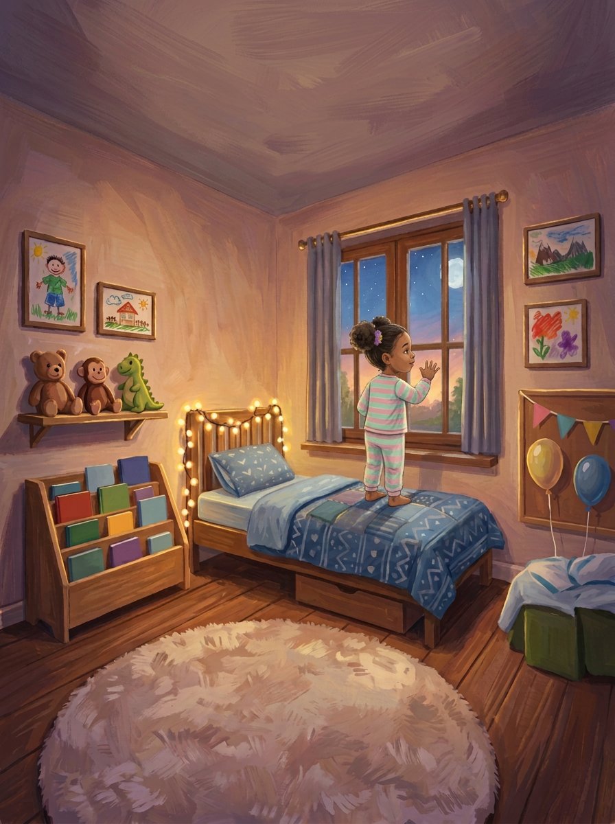 Abby gazing out her bedroom window at the stars — Birthday Star