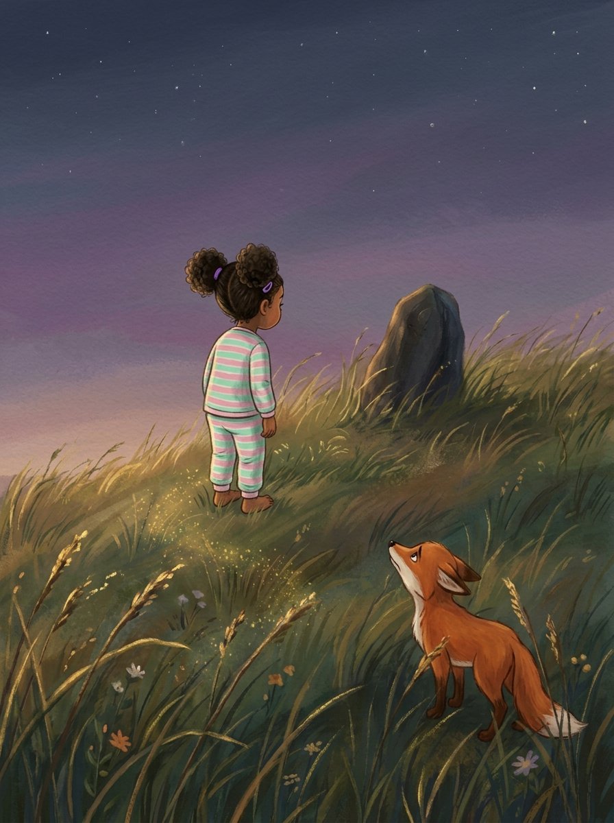 Abby and the fox celebrating under a canopy of stars