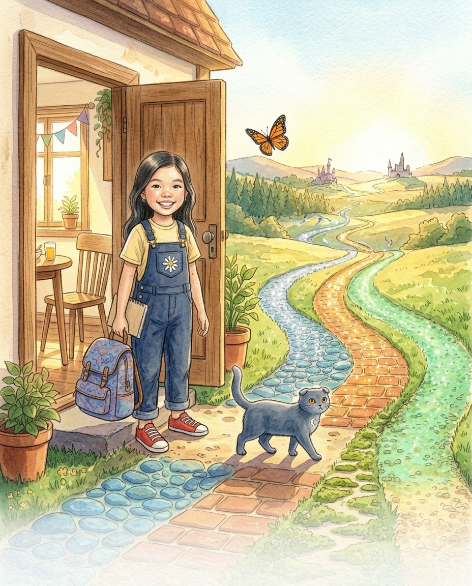 Child in magical storybook scene