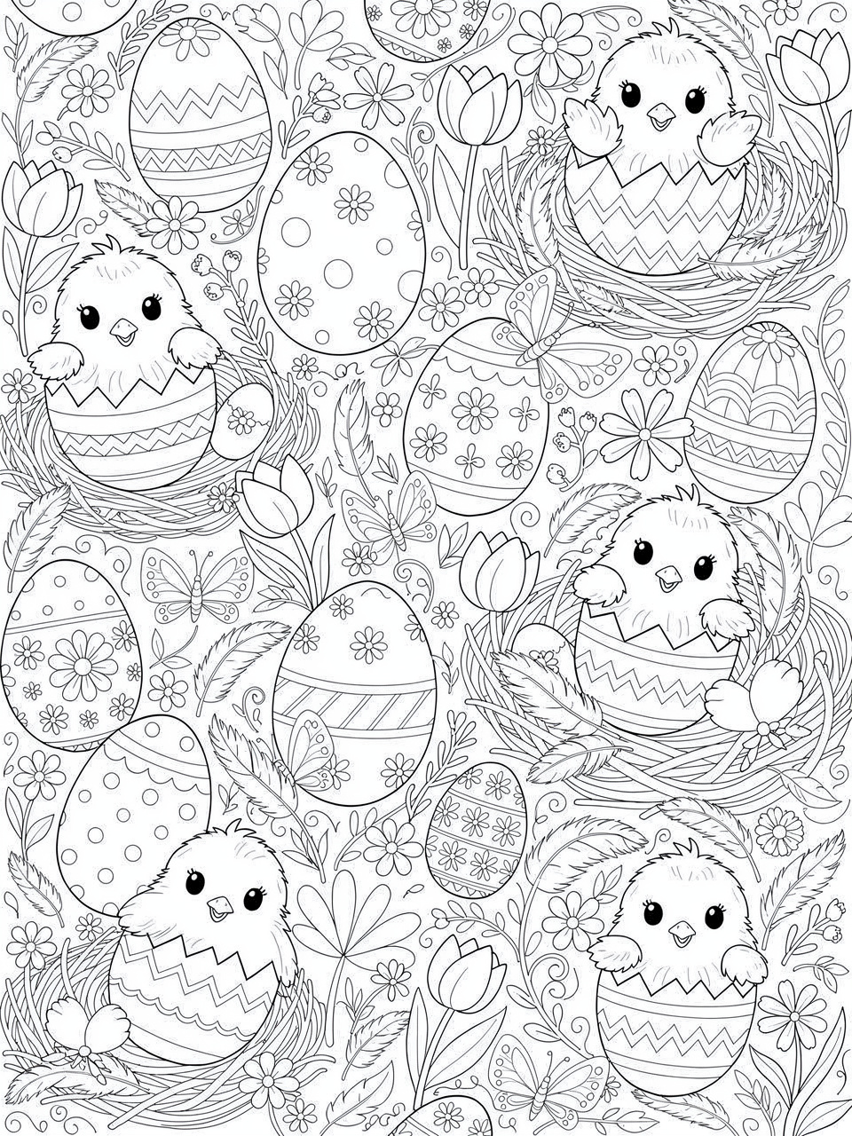 Easter chicks hatching from eggs coloring page